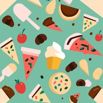 A green square with a pattern of different foods. Stock Illustration