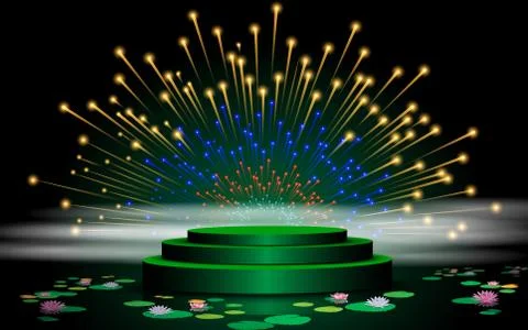 Green stand with firework on the swamp in the studio room Stock Illustration