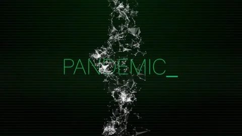 Green static sweeping starting PANDEMIC title pulsing network glowing and Stock Footage 332380720