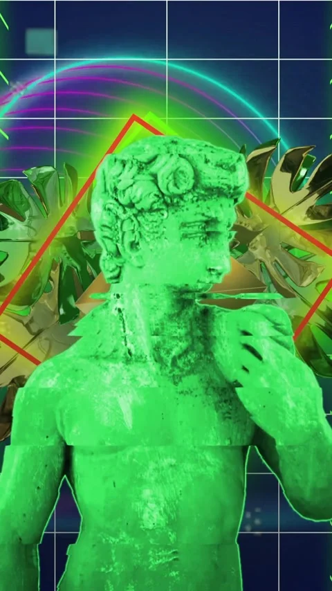 Green statue with geometric shapes and grid background, digital art animation Stock Footage 343645470