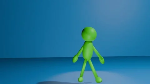 Green stick man character dancing on blue background Stock Footage 306056594