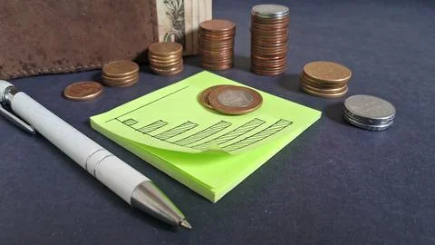 Green sticky note with bar graph and piles of coins Stock Photos