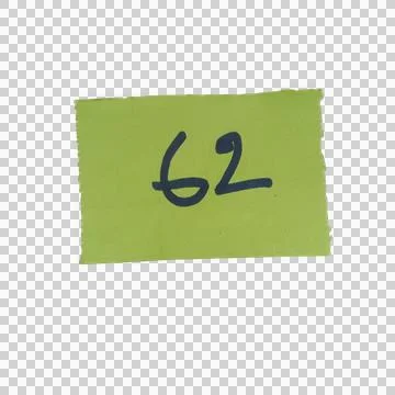 Green sticky note with the number sixty two written in black ink isolated Фото