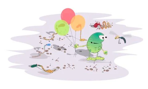 A green strange toad with balloons in the desert among snakes meets a dragonf Stock Illustration