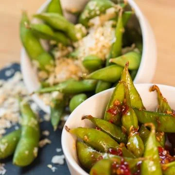 Green string beans chinese dish with spices Foto stock