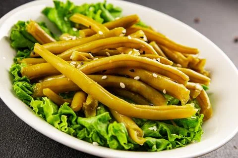 Green string beans vegetable dish natural ingredients tasty snack fresh Stock Photos