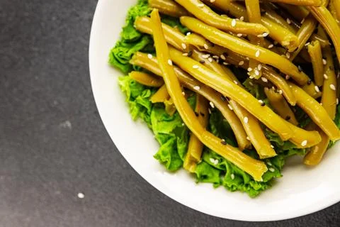 Green string beans vegetable dish natural ingredients tasty snack fresh Stock Photos