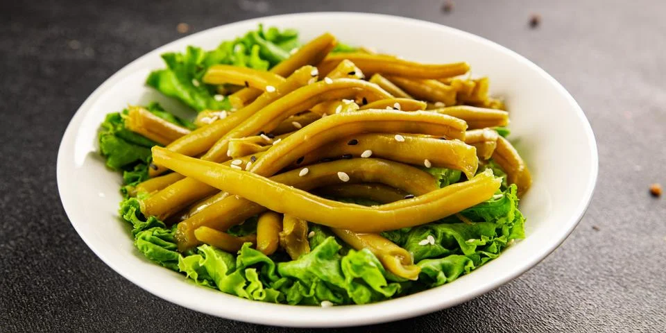 Green string beans vegetable dish natural ingredients tasty snack fresh Stock Photos