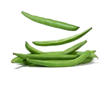 Green string beans on a white isolated background. Levitation Stock Photos