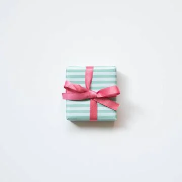 Green stripe pattern gift box isolated on white background. top view Green... Stock Photos
