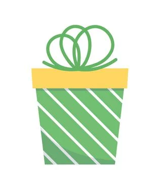 Green striped present with bow. Bday gift box. Flat, cartoon, vector Stock Illustration