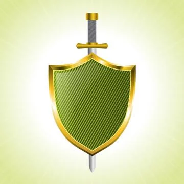 Green striped shield with sword Stock Illustration
