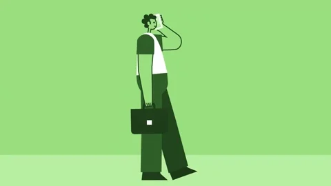 Green Style Man with Briefcase Flat Character Walk Cycle with Mobile Phone Call 스톡 동영상 207154848