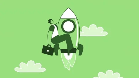 Green Style Man with Briefcase Flat Character Flies Up on Rocket Spaceship 库存影片 207171658