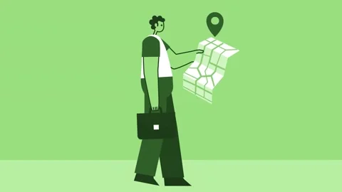 Green Style Man with Briefcase Flat Character Walking Cycle with GPS Map Stockbeeldmateriaal 207248864
