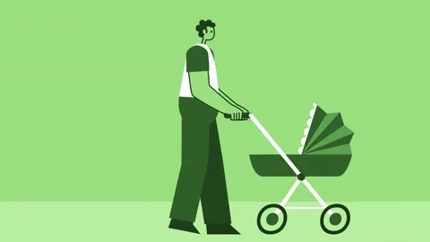 Green Style Man Flat Character Father Walking with Pram Baby Carriage. Isolated Stock Footage 206428392