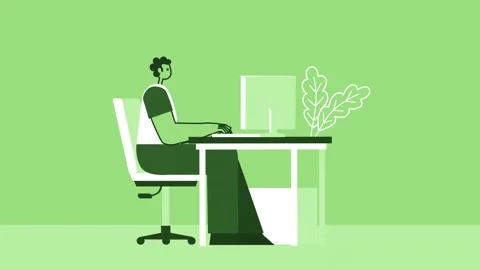 Green Style Man Flat Character Working on Desktop Computer. Isolated Loop Vídeo Stock 206437014