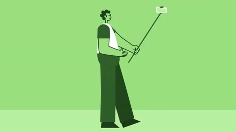 Green Style Man Flat Character Walking with Selfie Stick. Isolated Loop 스톡 동영상 206445478