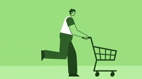 Green Style Man Flat Character Ranning with Shopping Cart. Isolated Loop Stock Footage 206447385