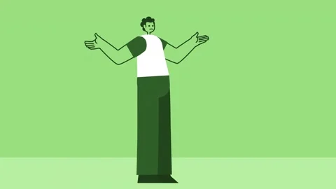 Green Style Man Flat Character Spreads His Arms and Shrugs. Isolated Loop 스톡 동영상 206452367