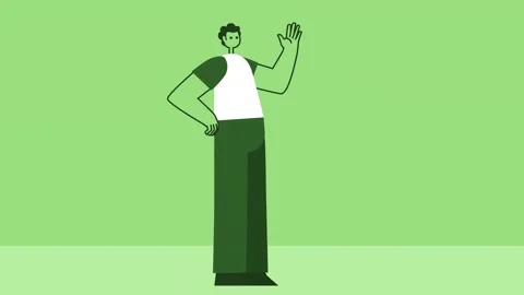 Green Style Man Flat Character Hi Hello Hand Waving Gesture. Isolated Loop Anima Stock Footage 206452536