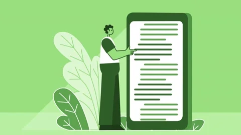 Green Style Man Flat Character Work with Text Information on Smartphone Video stock 206456134