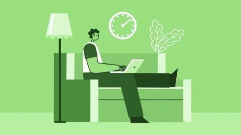Green Style Man Flat Character Working at Home on Couch with Laptop. Isolated Stock Footage 206456556