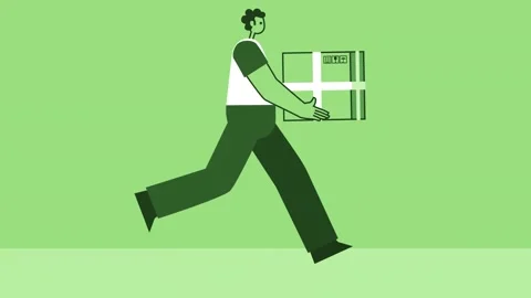 Green Style Man Flat Character Delivery Running and Carries Cardboard Box Video stock 206459412