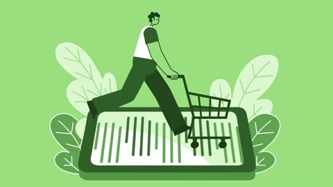 Green Style Man Flat Character Ranning on Smartphone with Shopping Cart Vídeo Stock 206463532