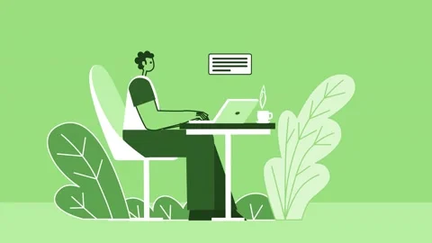 Green Style Man Flat Character Online Working in Cafe with Laptop. Isolated Loop Stock-Footage 206469243