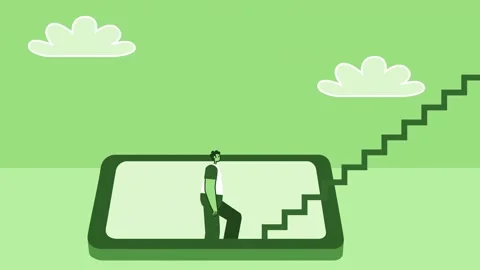 Green Style Man Flat Character Climbing Stairs from Smartphone. Isolated Loop 스톡 동영상 206480257