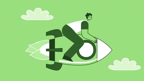 Green Style Man Flat Character Flies Forward Sitting on Rocket. Isolated Loop Stock Footage 206481698