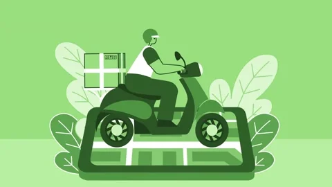 Green Style Man Flat Character Riding Delivery Scooter or Moped with Cardboard Stock Footage 206536811