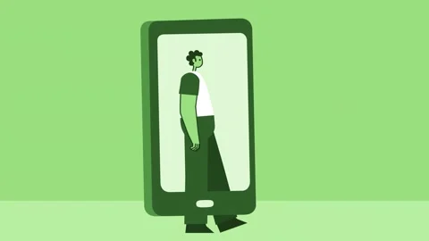 Green Style Man Flat Character Walking with Smartphone. Virtual Life Concept Stock-Footage 206559469
