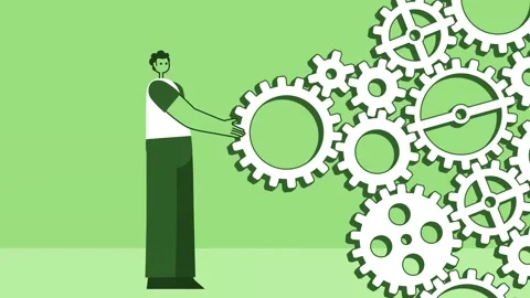 Green Style Man Flat Character Turns Cog Gear Mechanism. Isolated Loop Animation Stock-Footage 206575025