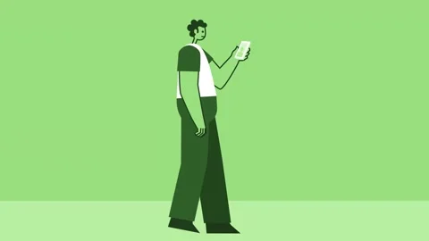 Green Style Man Flat Character Walking Cycle with Smartphone Information 스톡 동영상 206584820