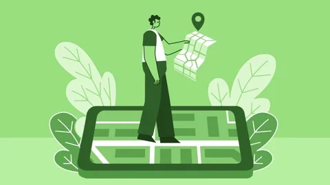 Green Style Man Flat Character Walking on Smartphone with Online Map. Isolated 스톡 동영상 206587770