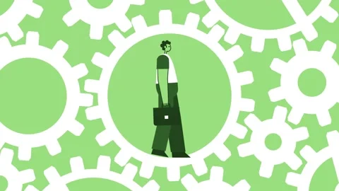 Green Style Man Flat Character Walking and Turns Gears System. Isolated Loop Stock-Footage 207144854