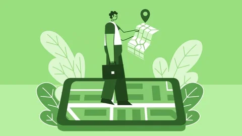 Green Style Man Flat Character Walking on Smartphone with GPS Map. Isolated Loop Stock Footage 207184351
