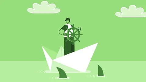Green Style Man Flat Character Sailing Surrounded by Sharks on Paper Ship Boat Stock Footage 207217770