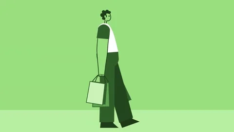 Green Style Man Flat Character Walking with Shopping Bags. Isolated Animation Stock Footage 207233259