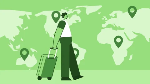 Green Style Man Flat Character Walking with Travel Suitcase on World Map Loop Stock-Footage 207234549