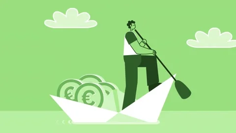 Green Style Man Flat Character Sailing on Paper Ship with Euro Coins. Isolated 스톡 동영상 207242305