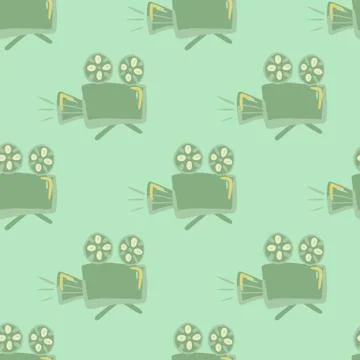 Green stylized cameras seamless pattern. Light turquoise background. Simple c Illustrazione stock