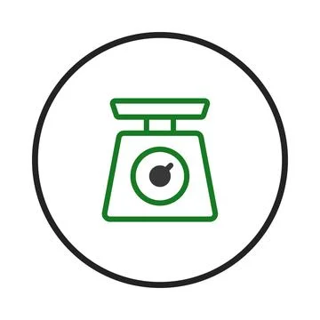 Green stylized kitchen scale icon in a black circle offering simple weight .. Stock Illustration