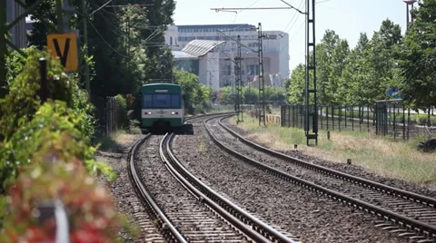 Green suburb train arriving in Budapest Stock Footage 37775096