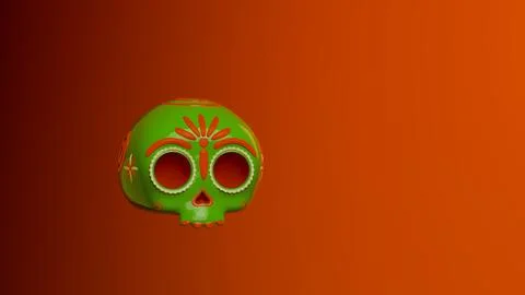 Green sugar skull positioned left on gradient orange background for Mexican.. Stock Illustration