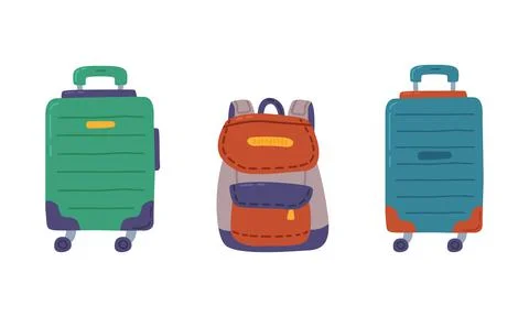 Green suitcase on wheels and backpack. Summer vacation objects cartoon vector Stock Illustration