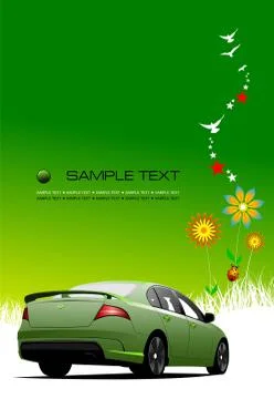 Green summer  background with car image. Vector illustration Stock Illustration
