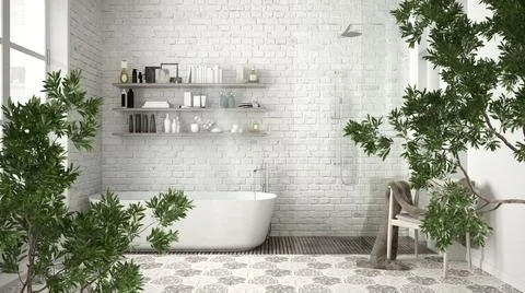 Green summer or spring leaves, tree branch over interior design scene. Natura Stock Illustration